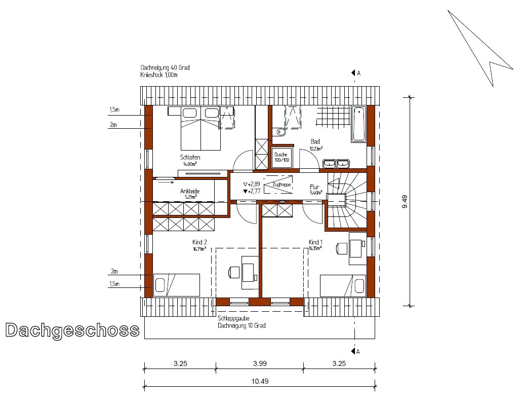 Attic floor plan with bedroom, children’s room, bathroom, corridor and stairs