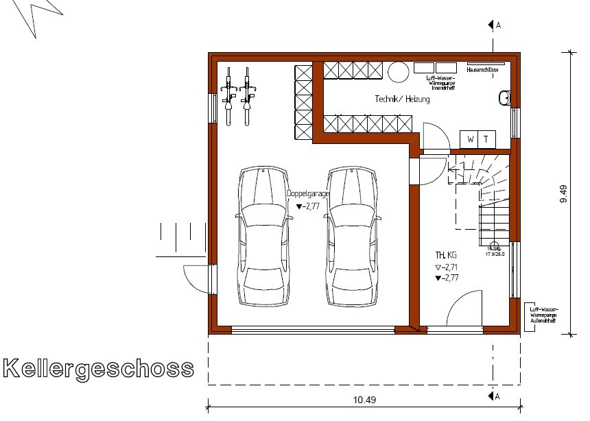 Basement: double garage with two vehicles, technical room/heating and stairs.