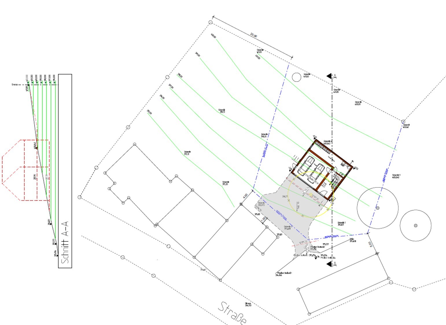 Site plan of building plot with house, driveway, trees, dimensions and section A-A.