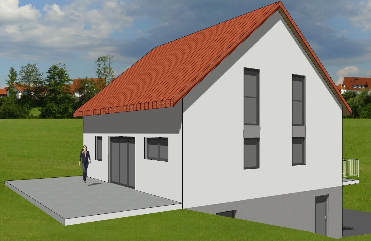 Modern single-family house with red roof, white facade, terrace and person.