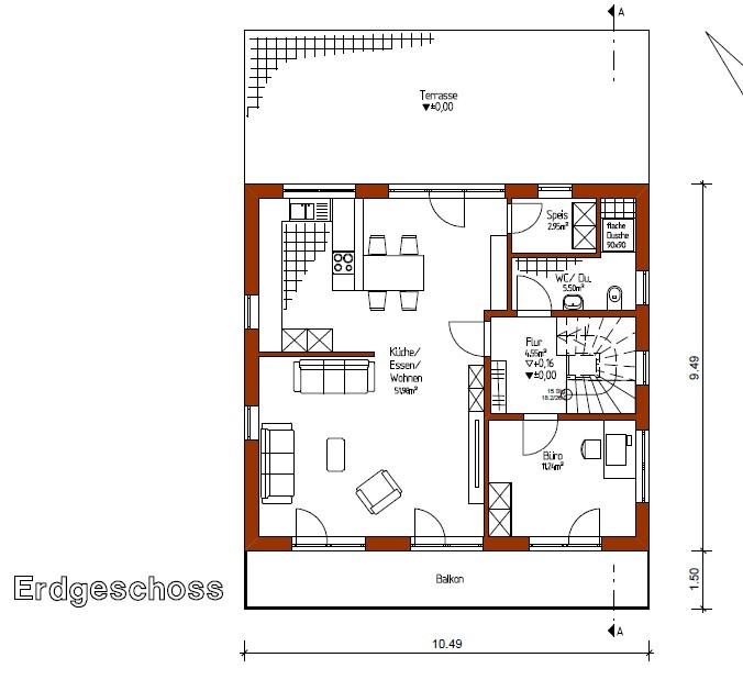 Ground floor plan: open kitchen/dining/living, terrace, balcony, hallway, pantry, WC/shower, office.