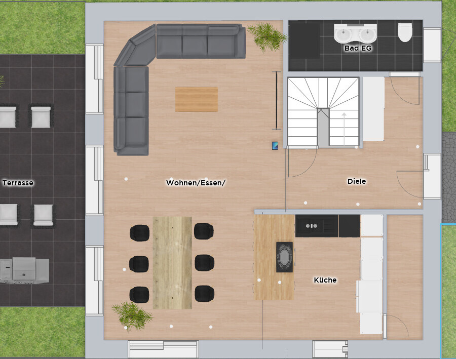 Floor plan: open living/dining on the left, kitchen on the right, hall with staircase, bathroom on ground floor, terrace.