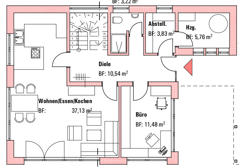 Grundriss eines Hauses mit Wohnen/Essen/Kochen, Büro, Diele, Abstellraum, Heizraum und Terrasse.