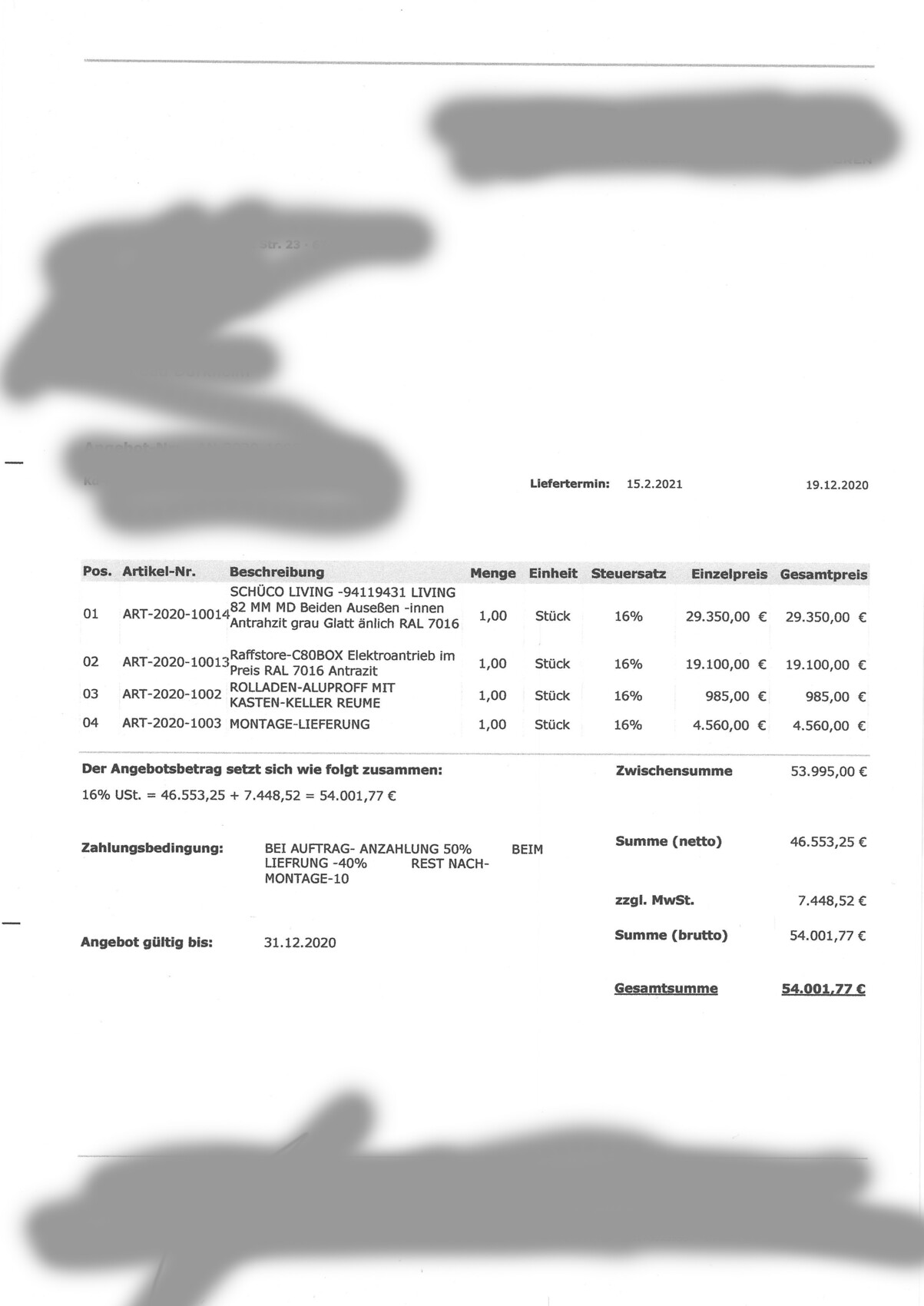 Rechnung mit Artikelpositionen, Mengen, Preisen und Gesamtsumme