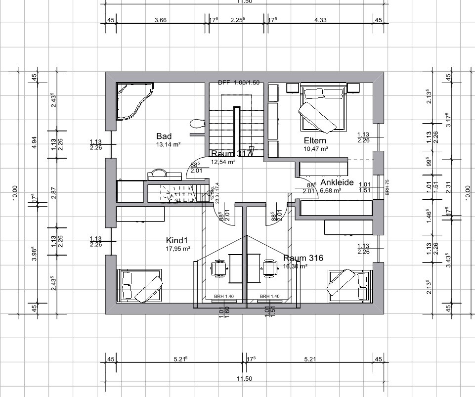 Floor plan of an upper floor with bathroom, master bedroom, walk-in closet, child’s room 1 and room 316
