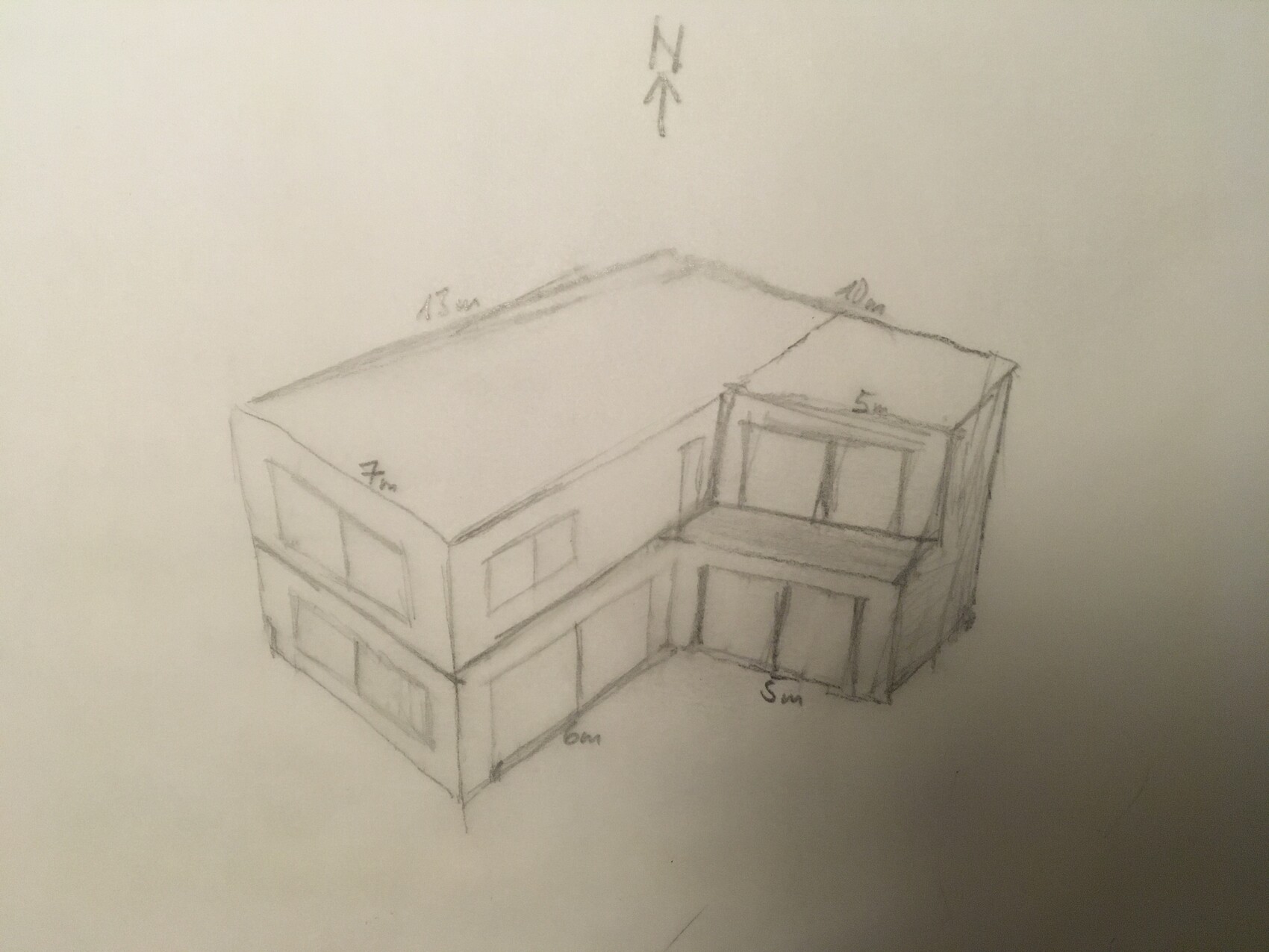 Sketch of an L-shaped building in perspective with windows, dimensions and north arrow.