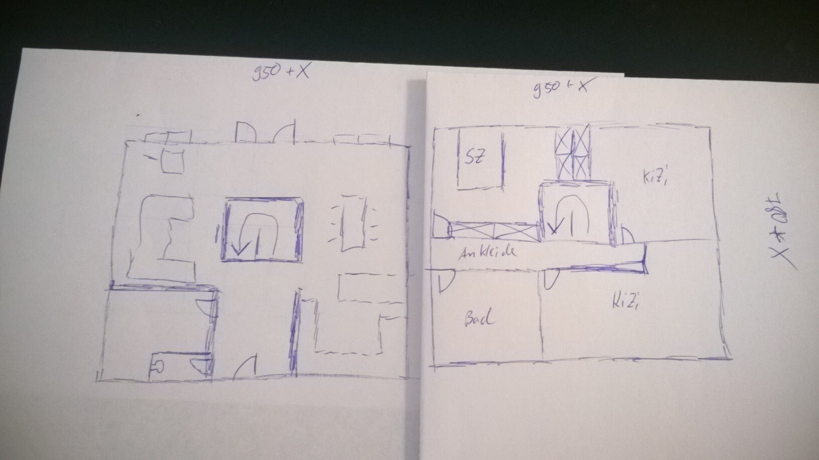 Hand-drawn floor plan sketch of a house with living room, bathroom, and children’s room