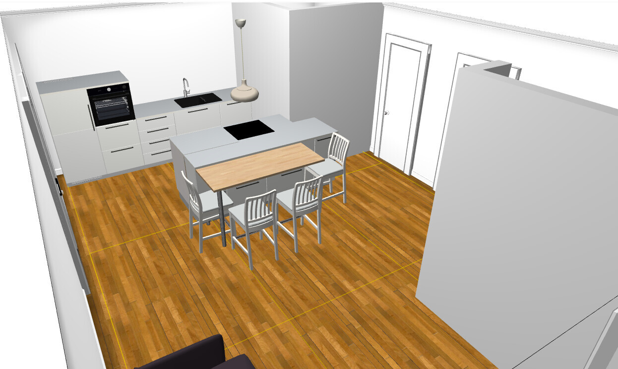 Kitchen room with island, stove, sink, cabinets, and dining table with chairs on wooden floor.