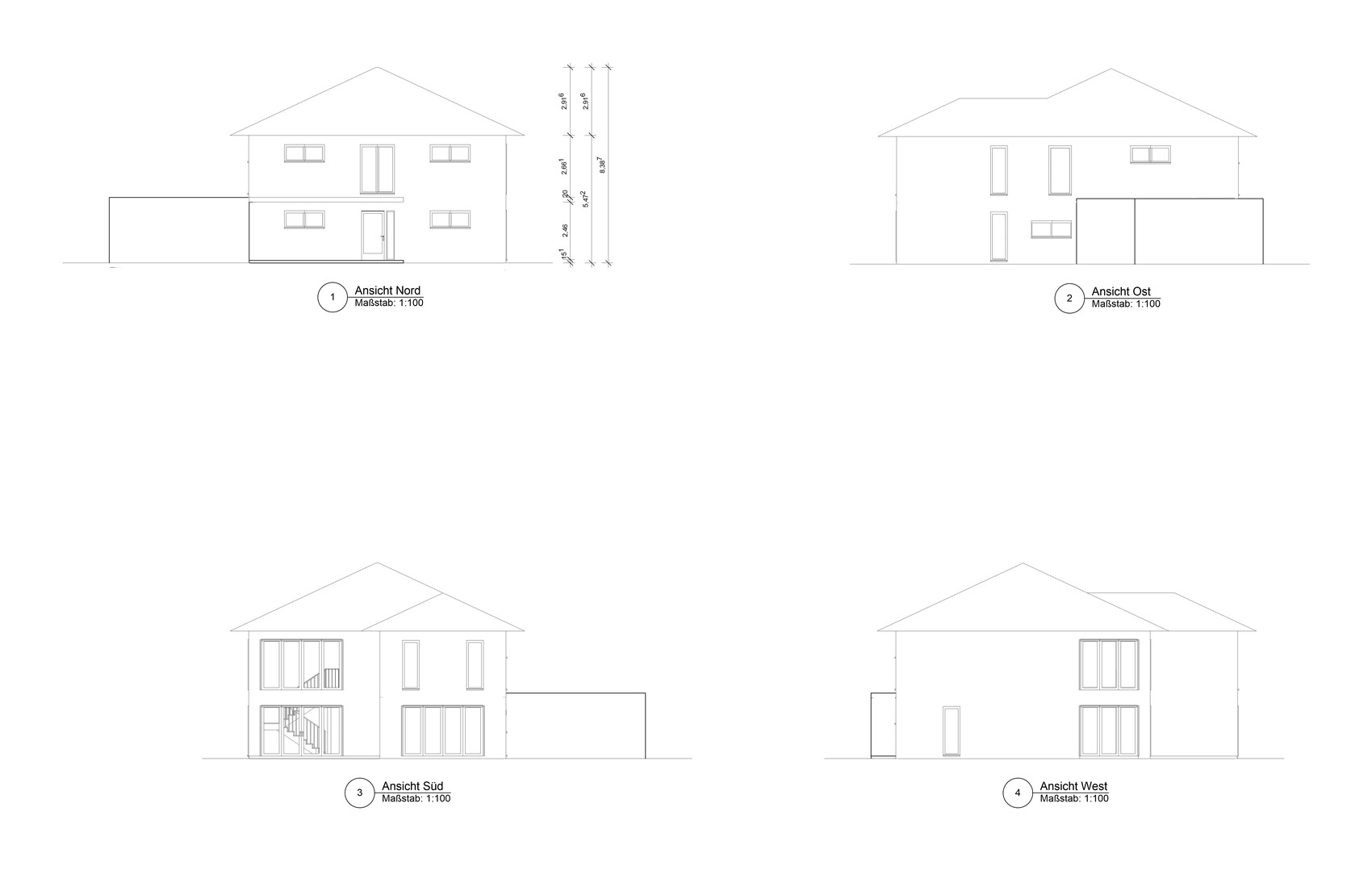 Four views of a two-story house with roof, windows, doors, and garage.