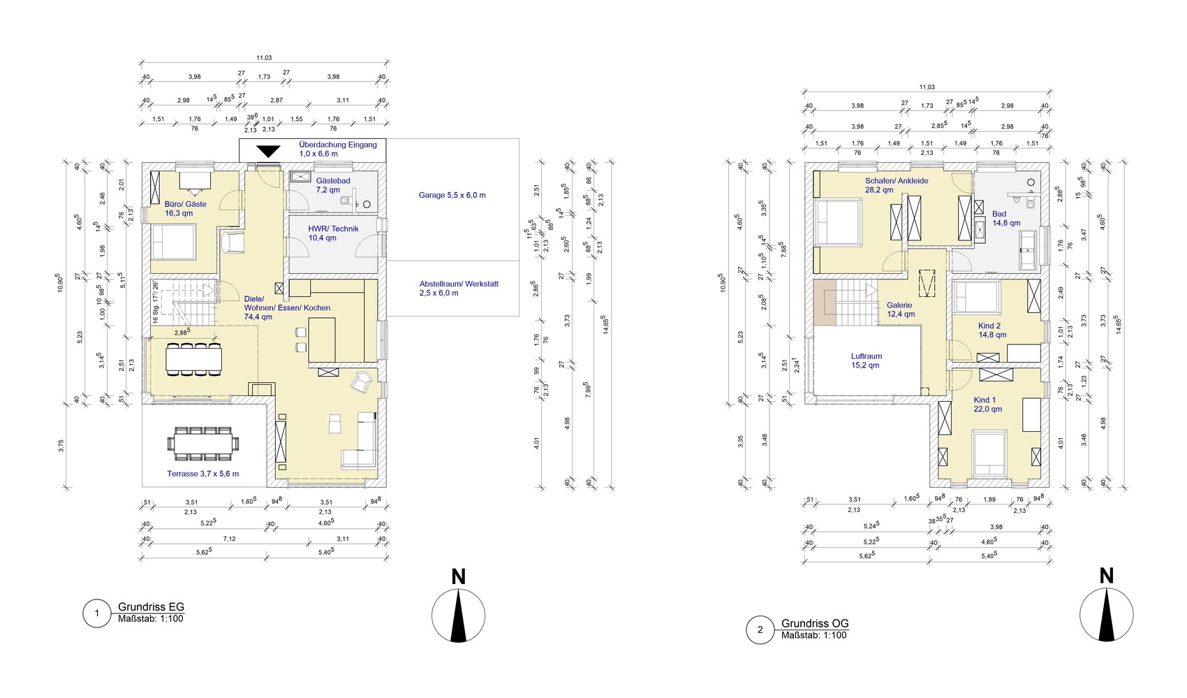 Two floor plans: ground floor with living/dining/kitchen and terrace; upper floor with bedrooms and bathroom.