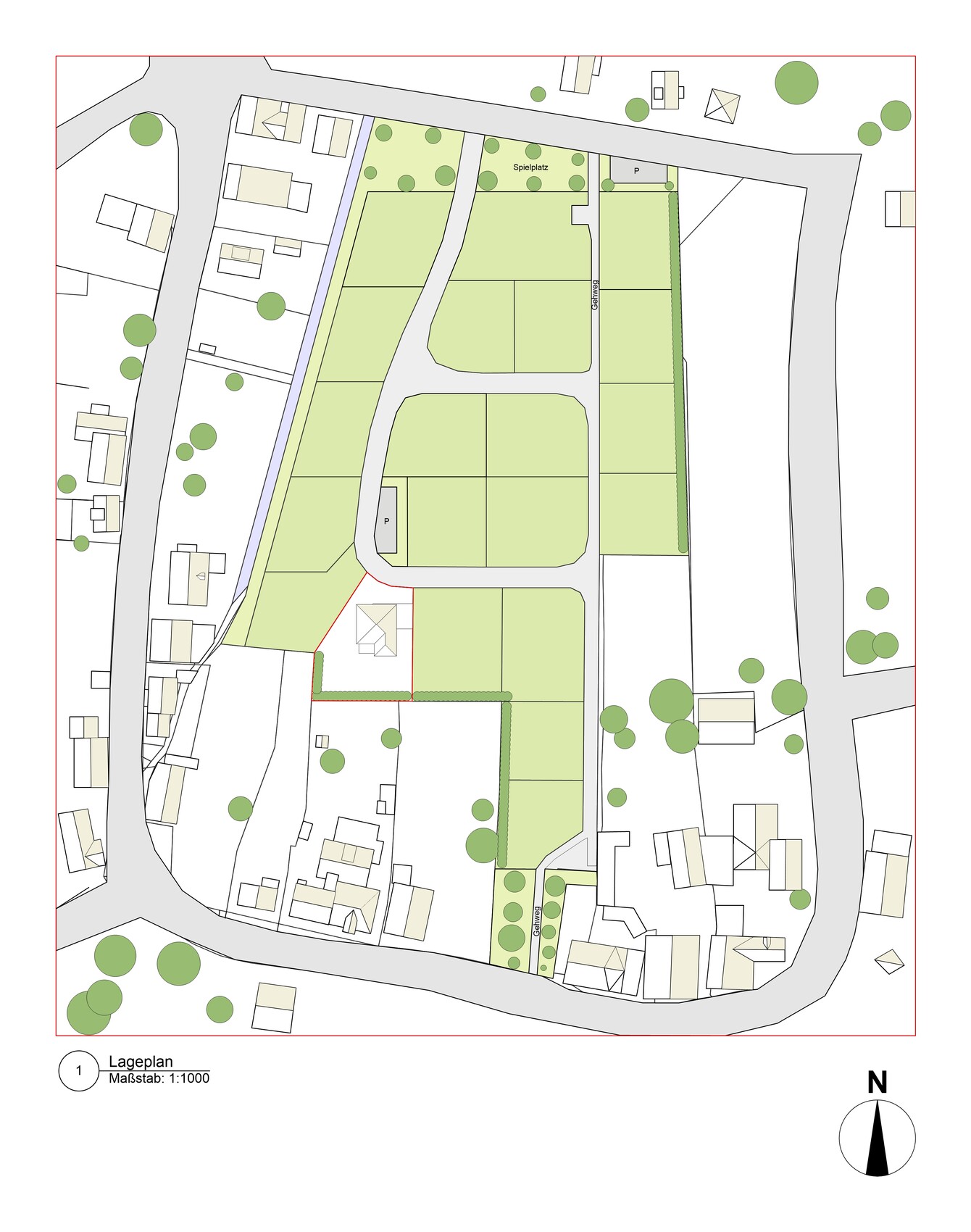 Site plan of a building area with plots, roads, trees, and playground, north direction.