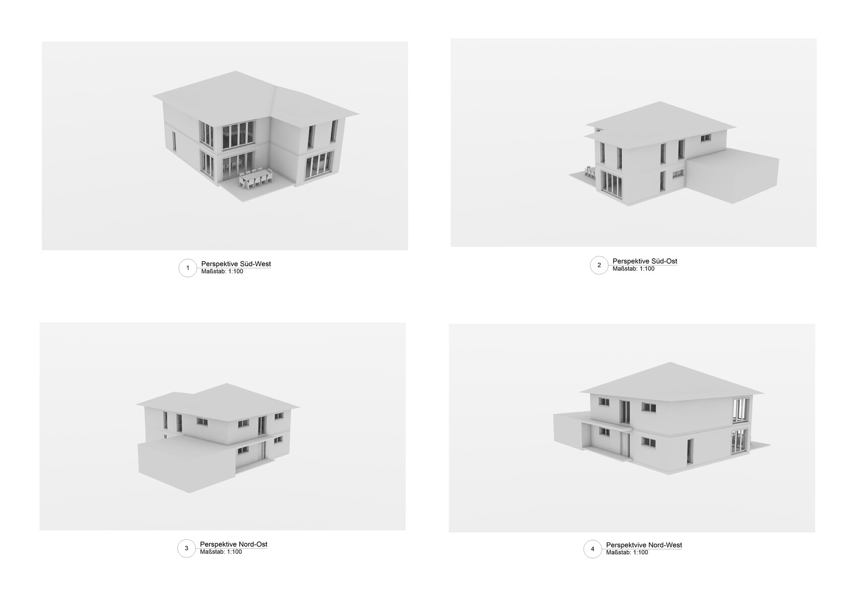 Four views of a white, two-story house with terrace in minimalist architecture.
