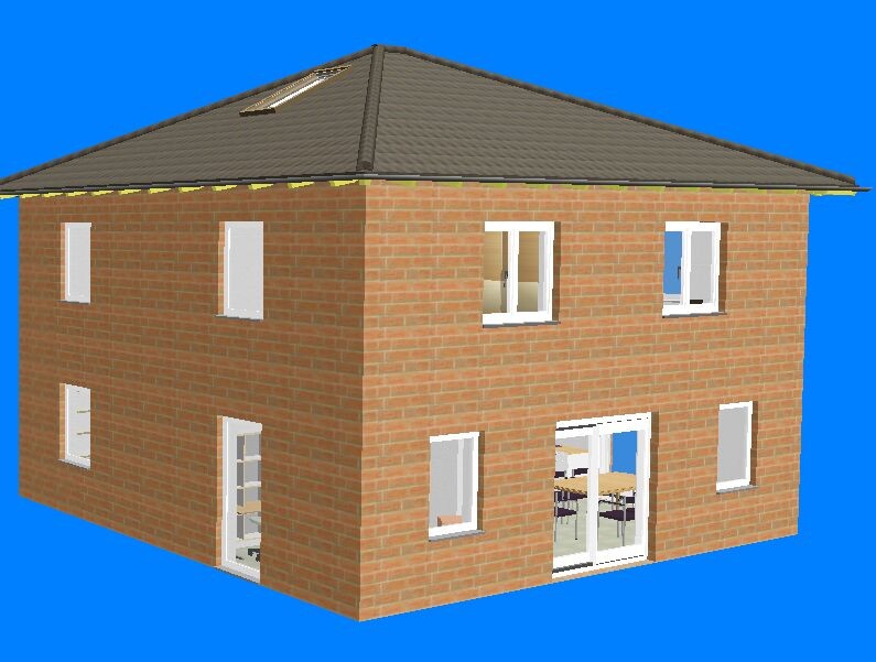 3D model of a two-story red brick house with roof and windows