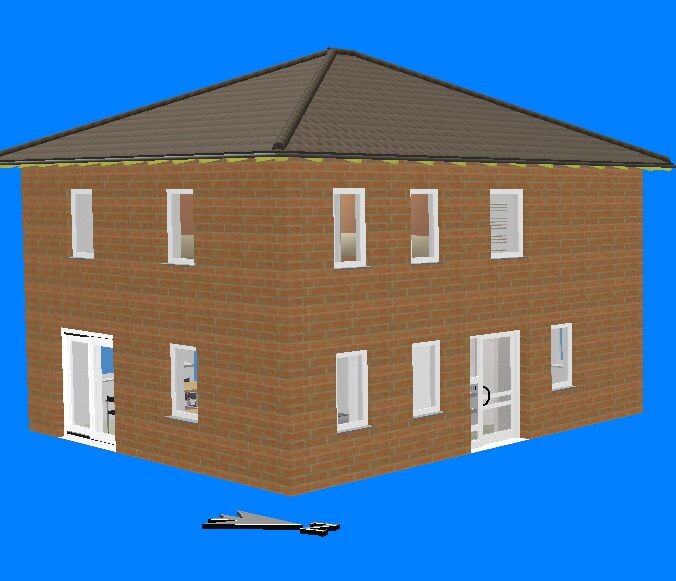 Two-story brick house with brown gabled roof on a blue background; windows and doors visible