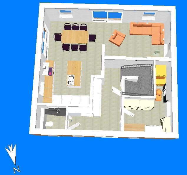 Top-down floor plan of an apartment: kitchen with island, dining table, living room, bathroom and bedroom.