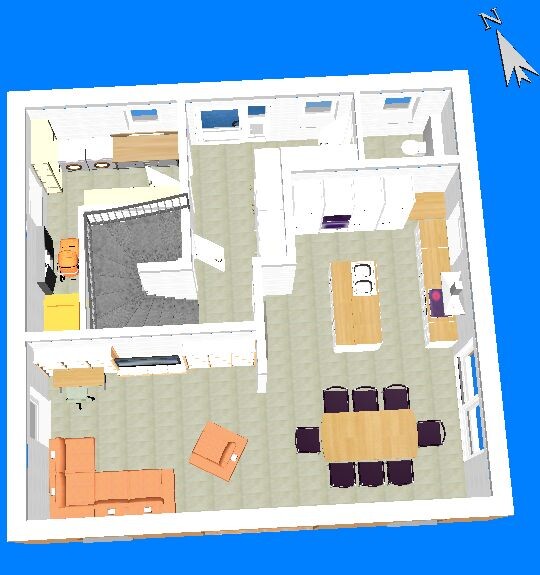 Three-dimensional floor plan of a house: living room, dining area, kitchen, and stairs.