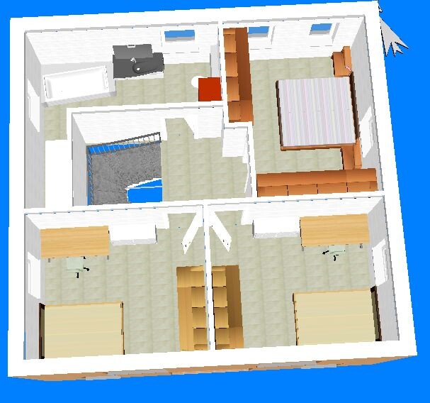3D floor plan of a residential house with bedrooms, bathroom, kitchen, and stairwell.