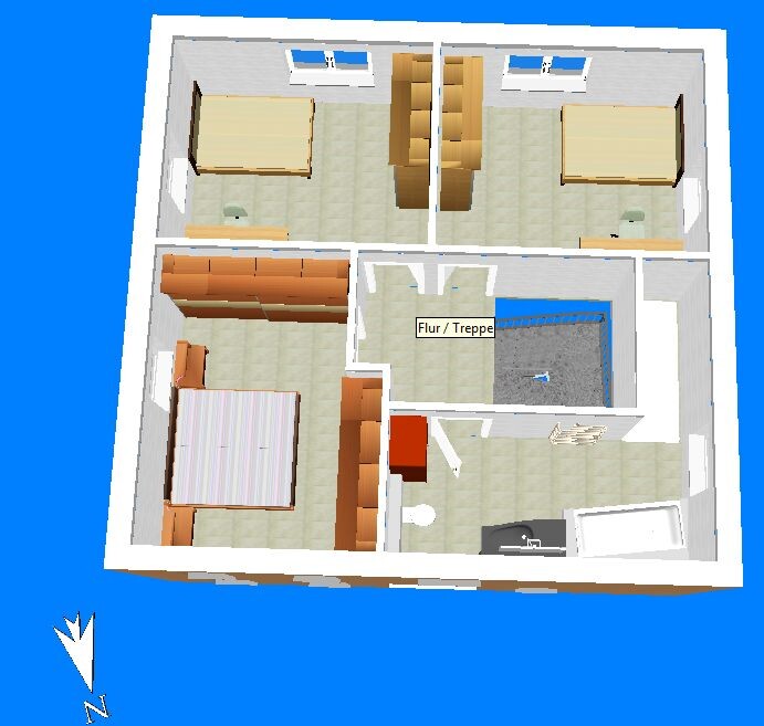 3D floor plan of a house with hallway/staircase in the center, several bedrooms, and bathroom/kitchen.