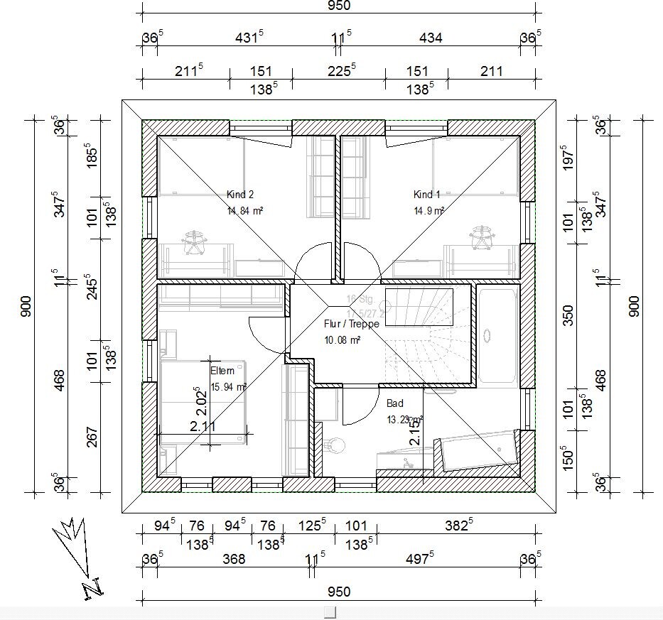 Upper floor plan with master bedroom, two children's rooms, bathroom, and hallway/stairs.