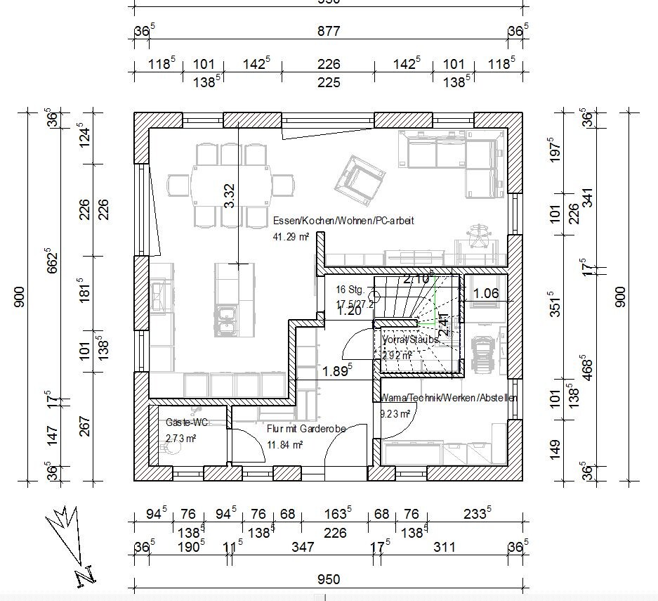 Floor plan of a house: open kitchen/dining/living area, hallway, guest toilet, storage room