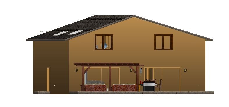 Two-story brown house with covered terrace, seating area and grill under a pergola.