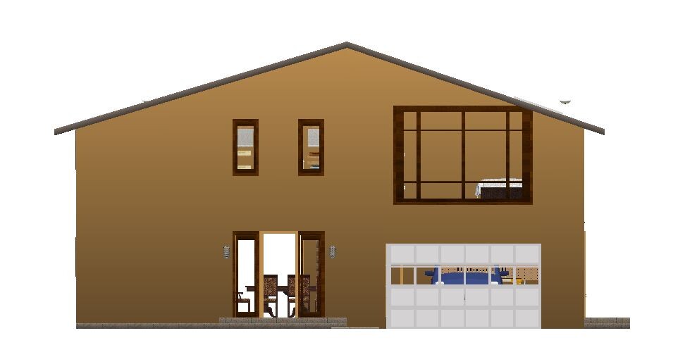 Two-story house with brown facade, large window on the upper right, entrance on the left, garage on the right.