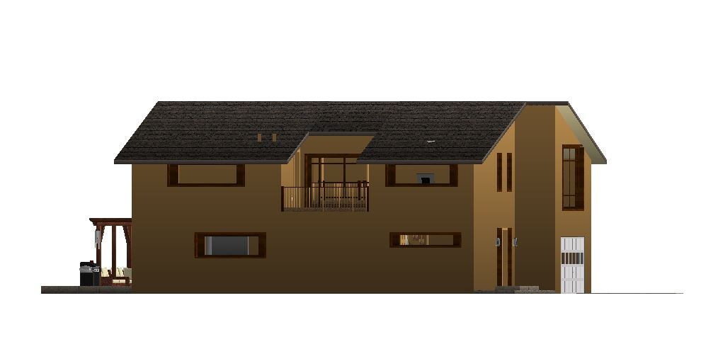 Two-story brown house with dark roof, balcony, garage and entrance.