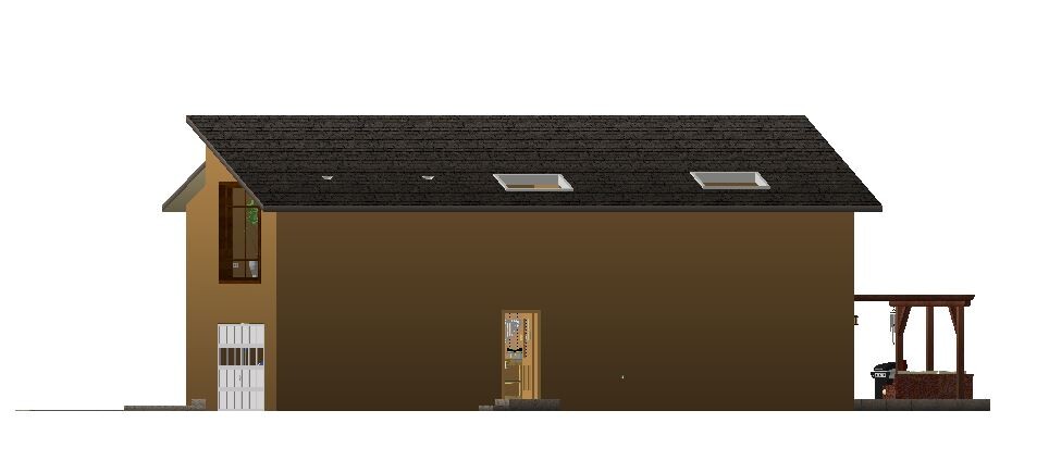 Side view of a brown house with dark roof, door, garage and wooden pergola on the right.