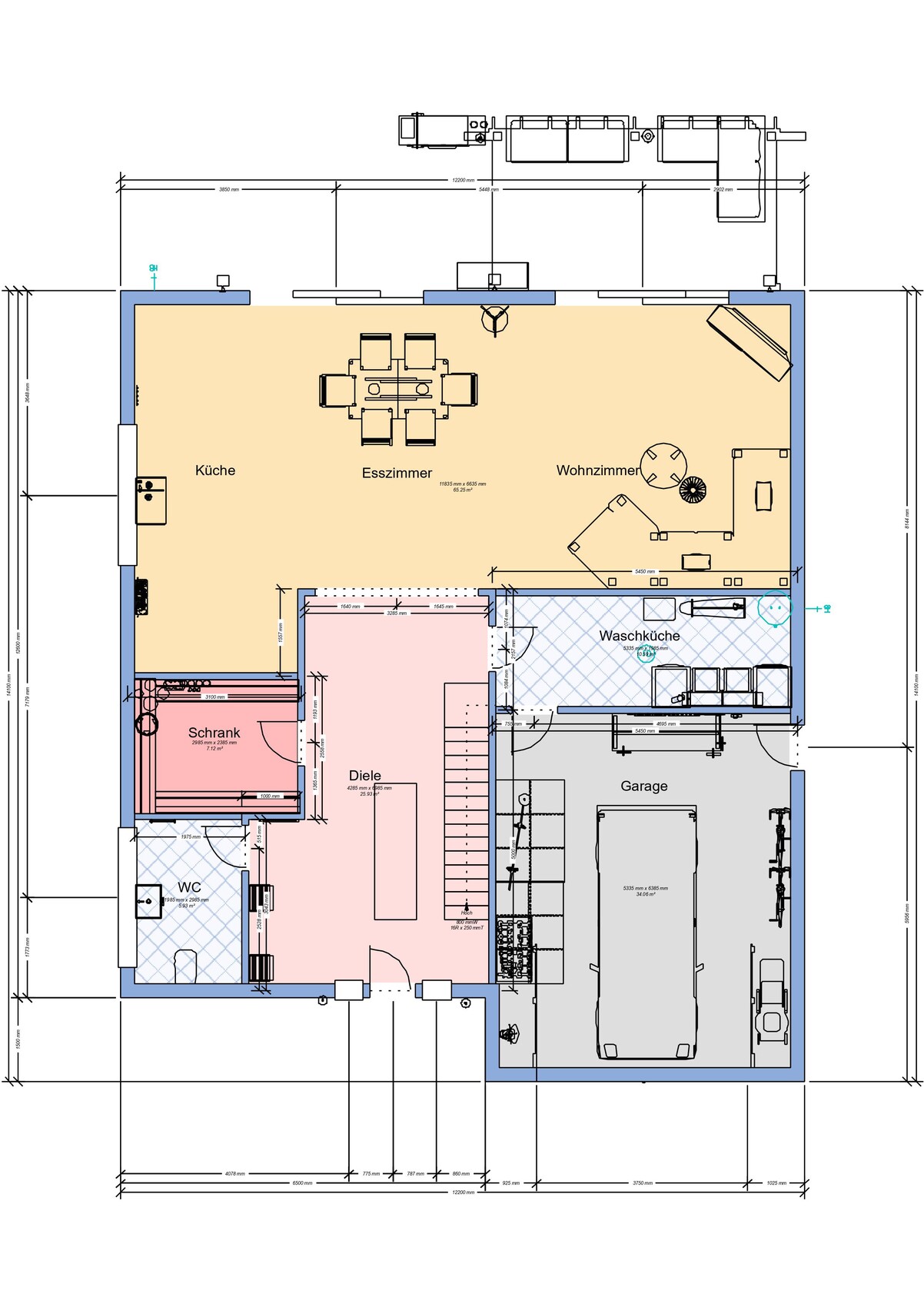Floor plan of a house: kitchen, dining room, living room, hallway, laundry room, garage, restroom, closet.