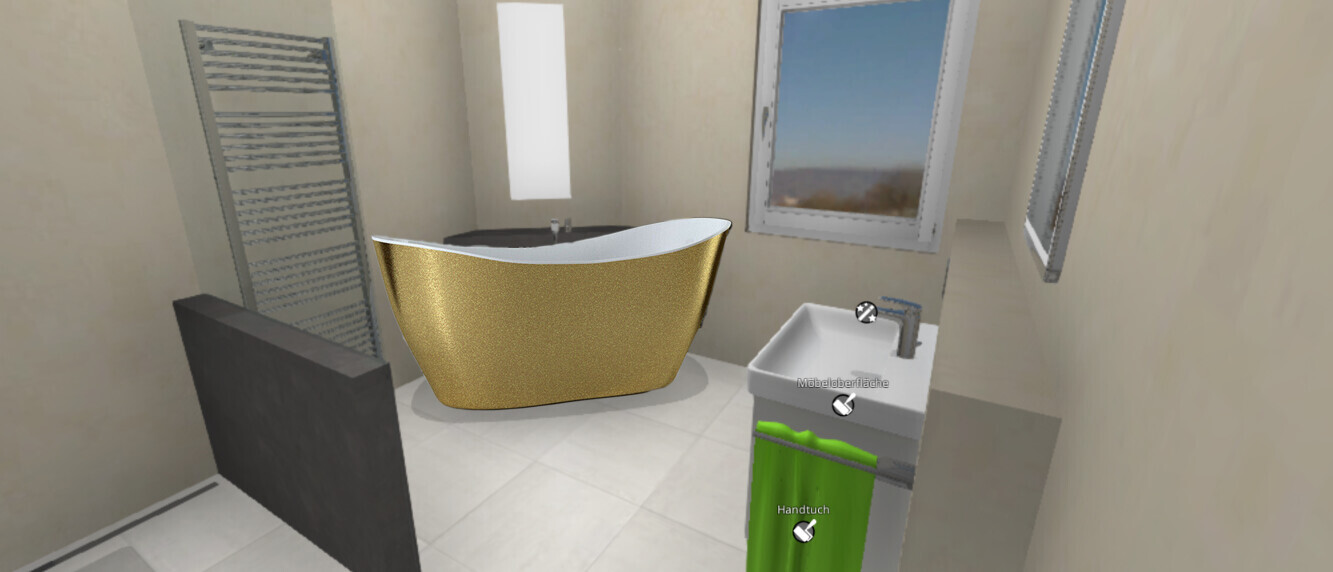 Bathroom with a golden freestanding bathtub, sink, and green towel on the window