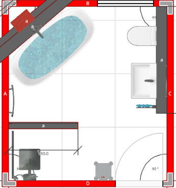 2D bathroom floor plan with bathtub, sink, and toilet in the plan