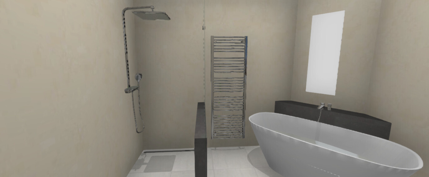 Modern bathroom with freestanding bathtub, rain shower, and towel radiator