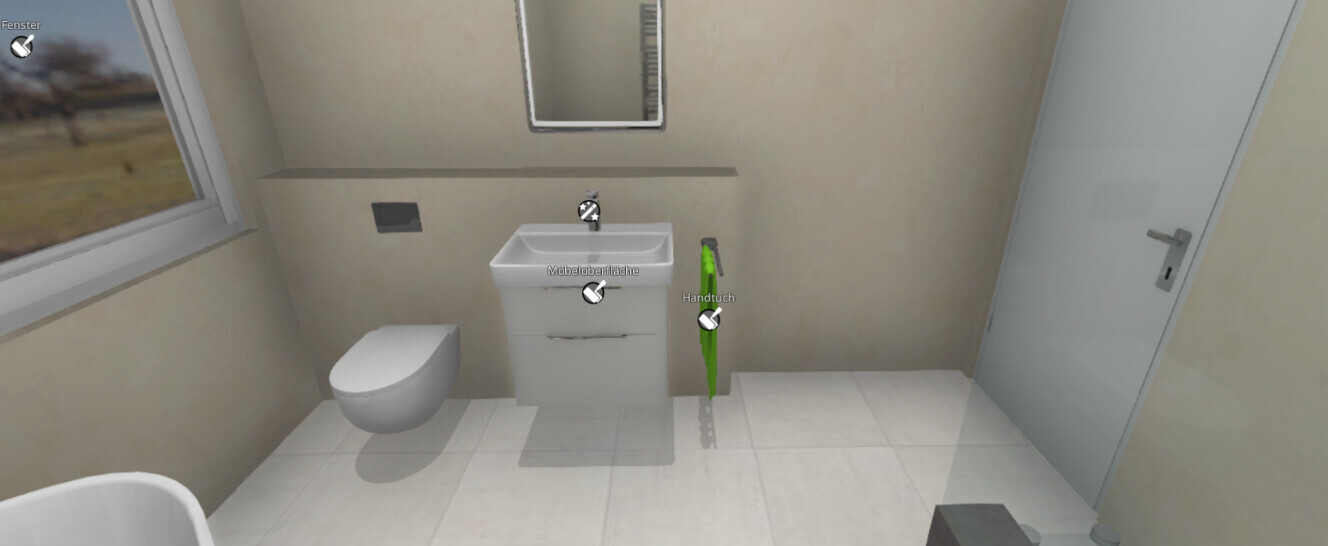 Bright bathroom with toilet on the left, sink, mirror, window, and green towel