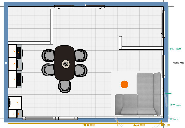 Floor plan: Dining table with 6 chairs in the center, sofa on the right, open kitchen on the left.