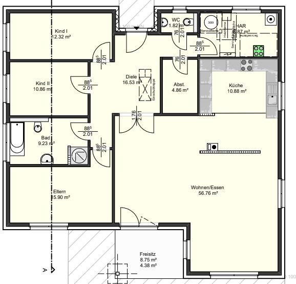 Grundriss einer Wohnung mit Wohnzimmer, Küche, Bad, Flur, Eltern- und Kinderzimmer.