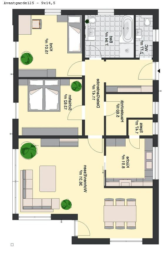 2D floor plan of an apartment with living room, kitchen, bathroom, hallway, and bedroom.