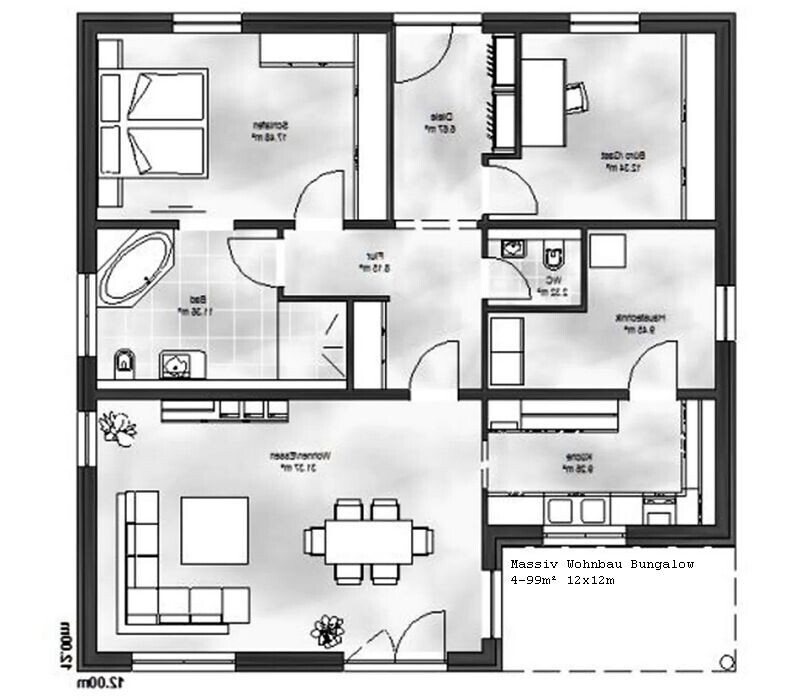 Floor plan of a bungalow: living and dining area, kitchen, bathroom, bedroom, study.