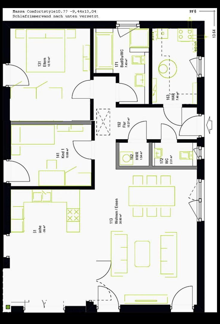 Floor plan of an apartment: open living/dining area, kitchen, bedroom, children’s room, bathroom, utility room