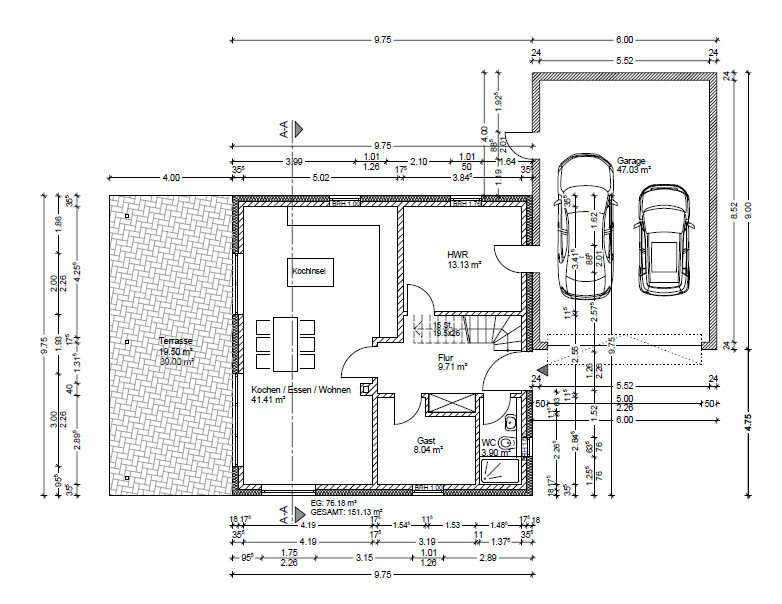Grundriss: Terrasse links, Kueche/Essen/Wohnen, Gast, HWR, WC, Flur, Garage.