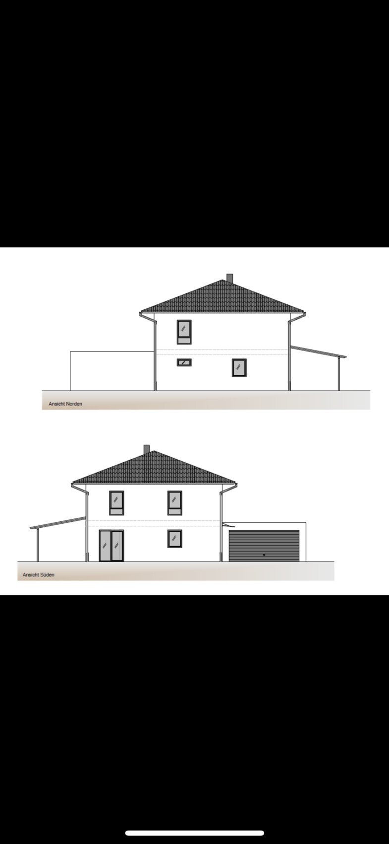 Zweistöckiges Haus mit Satteldach; Nord- und Südansicht, Garage rechts.