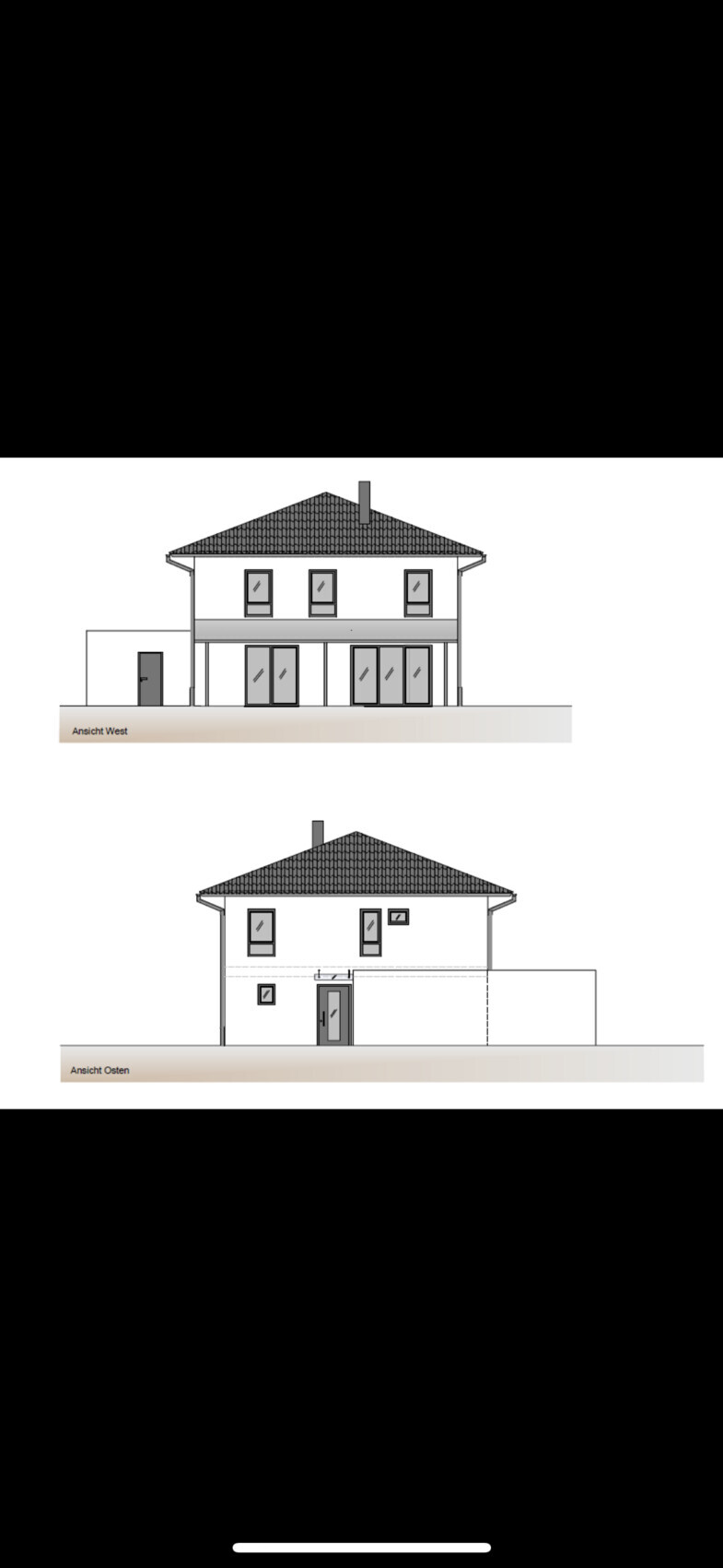 Zweistöckiges Haus mit Satteldach; West- und Ostansicht mit großen Fensterflächen.