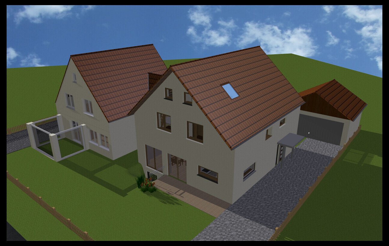 Detached house with red tiled roof, dormers, garage, and well-kept garden on green plot.
