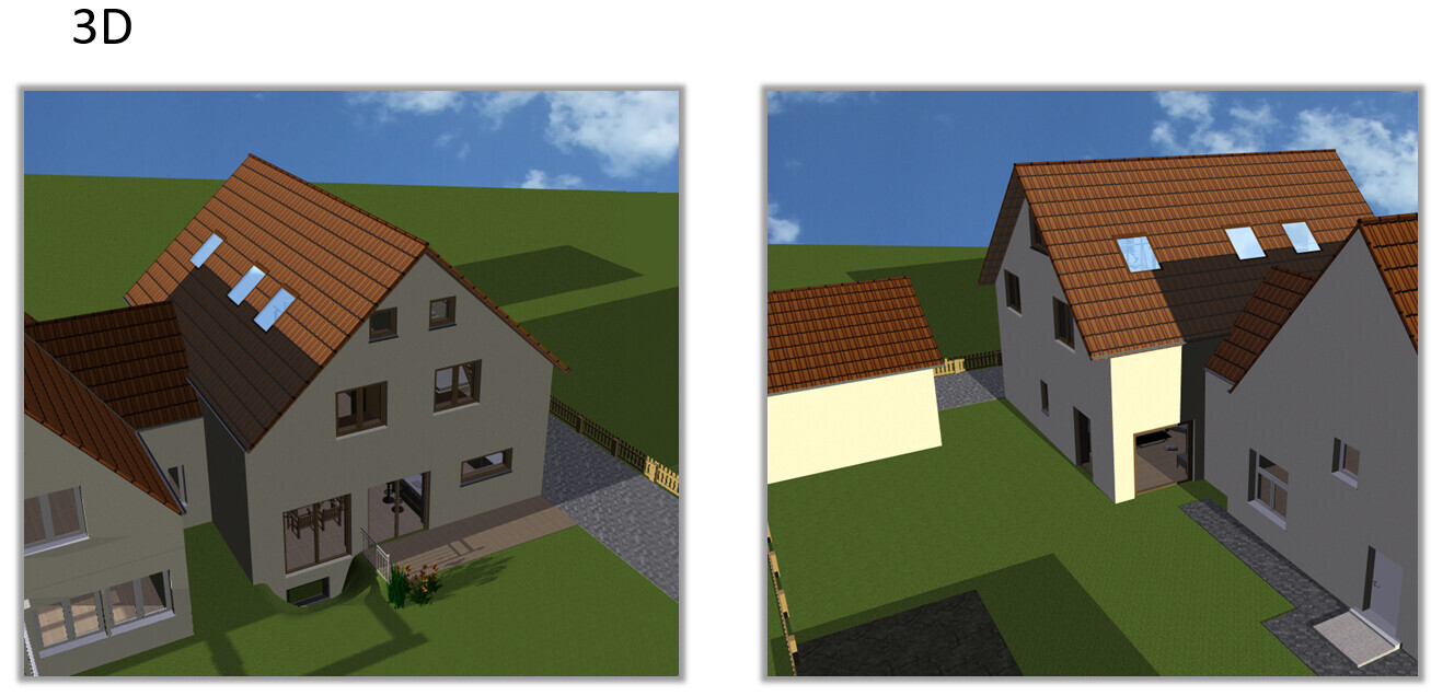 Two 3D houses with red tiled roofs in a green landscape, garden and paths visible.