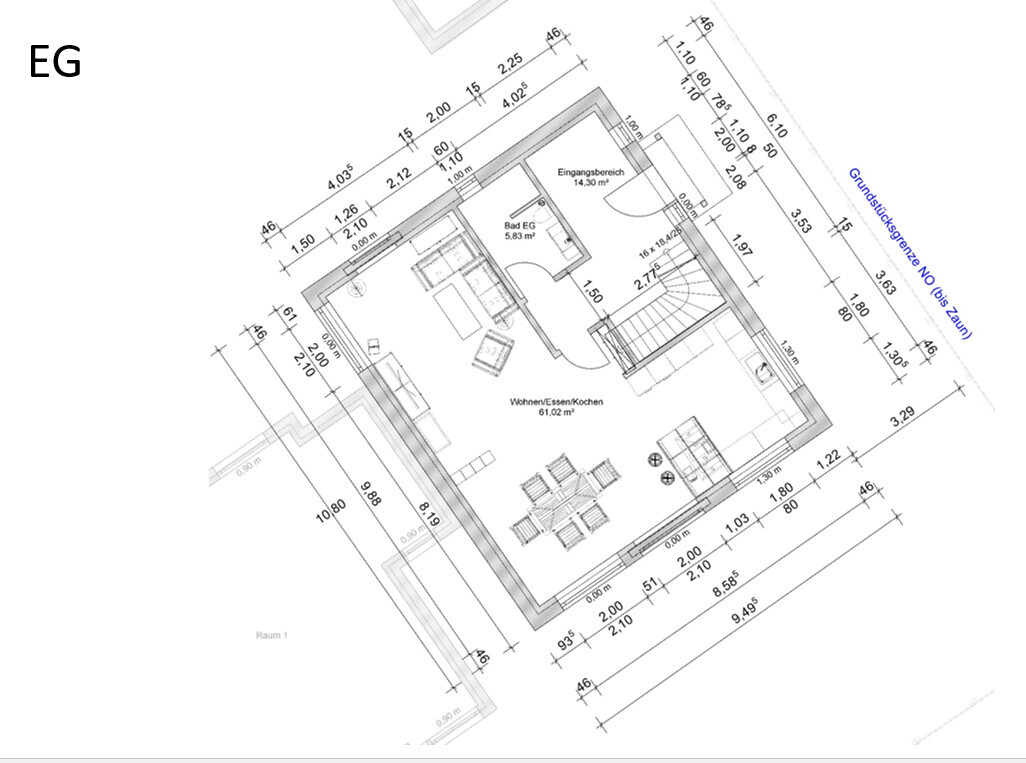 Ground floor plan: open living/dining/kitchen, bathroom, entrance, stairs.