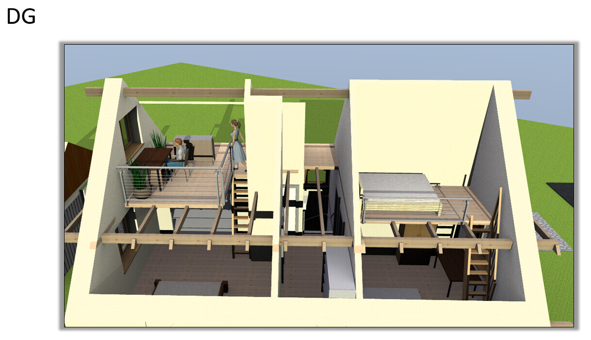 3D attic floor plan with terrace, stairs, furniture, and seated people.