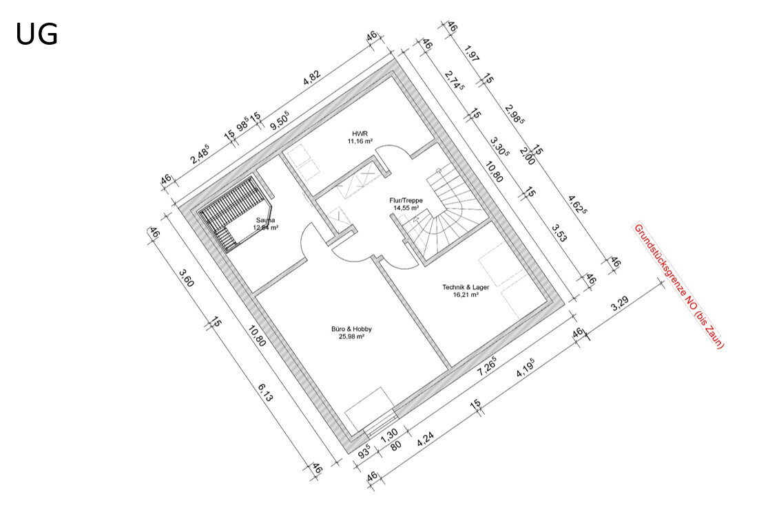 Basement floor plan with hallway/stairs and several rooms, dimension lines.
