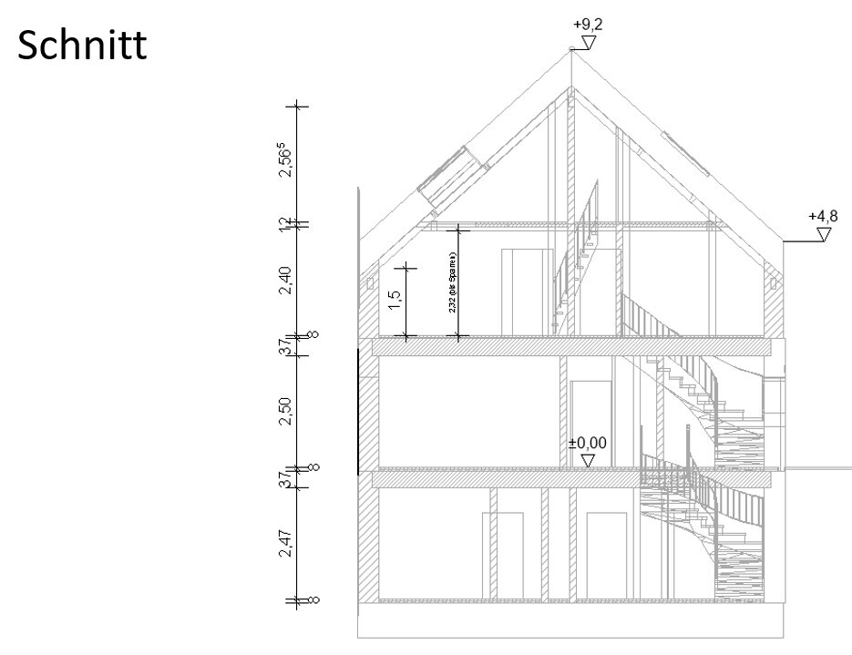 Section through a multi-story house with stairs, roof structure, and dimension lines.