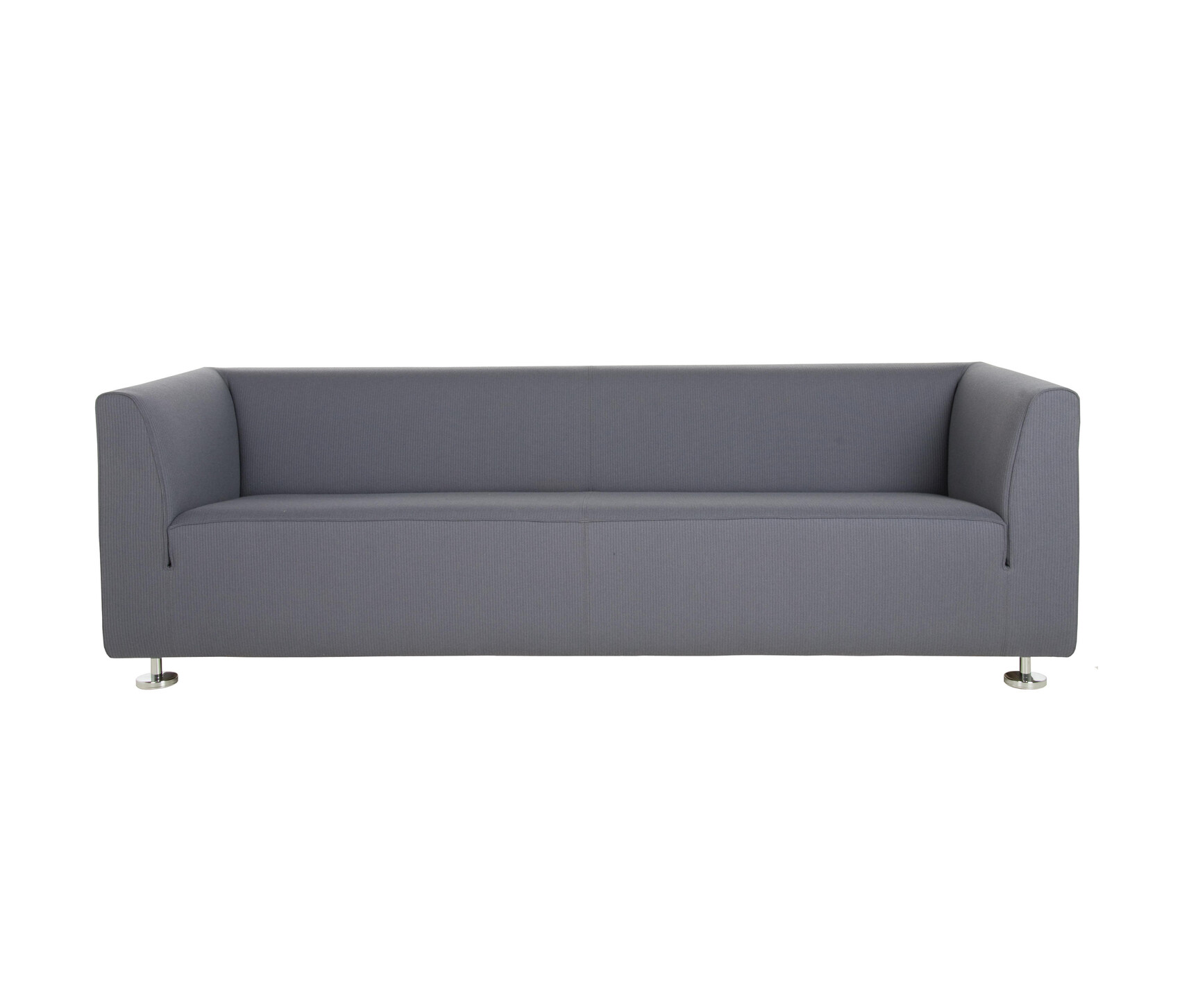 Grey three-seater sofa with short metal legs, minimalist piece of furniture
