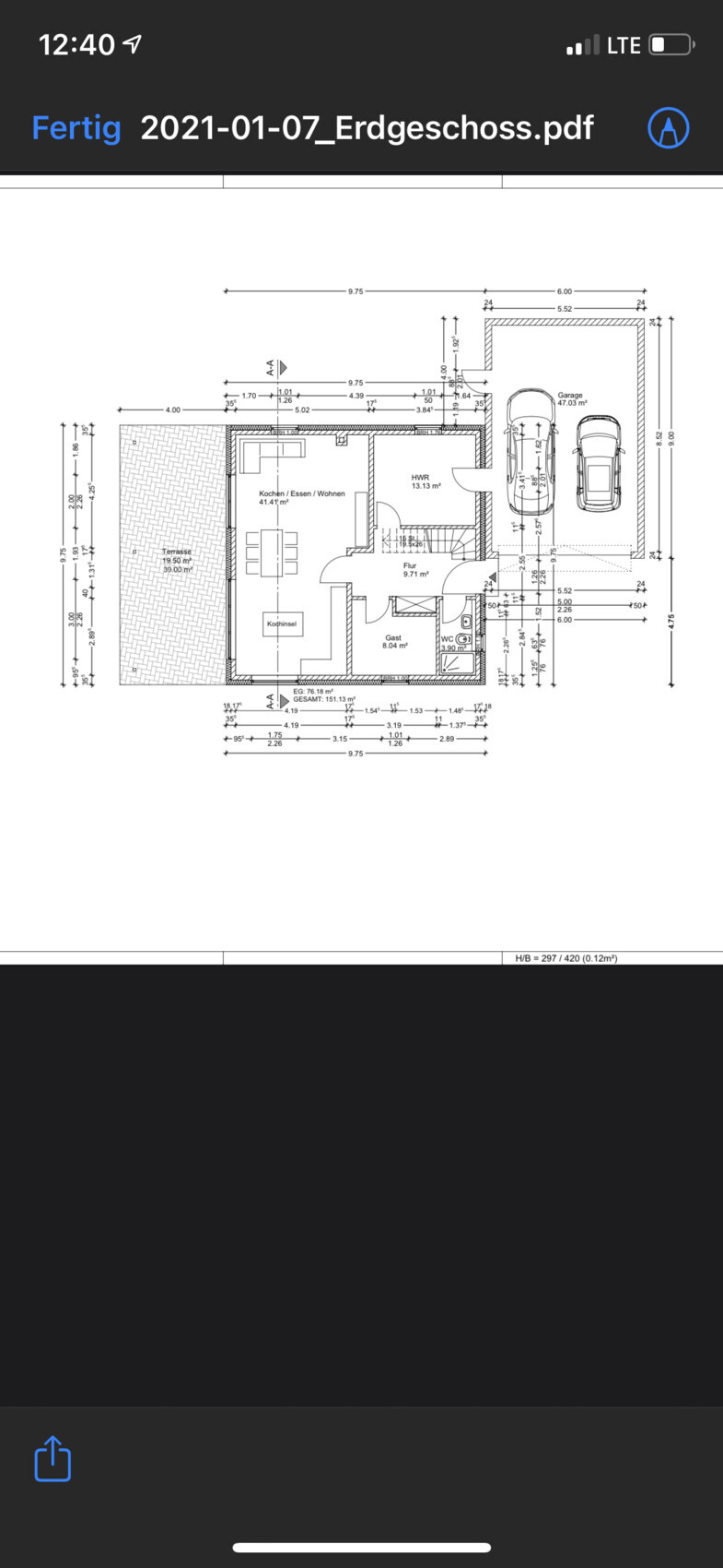 Ground floor plan: Kitchen, dining, living, guest room, hallway, utility room, WC, terrace, garage.