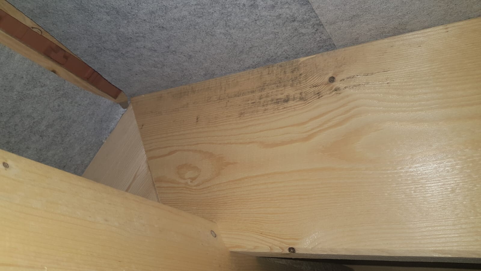 Wood board joint with nails; dark discoloration, grey carpet behind.